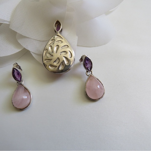 Beautiful set of Rose Quartz and Amethyst pendant and earrings - Picture 2 of 3